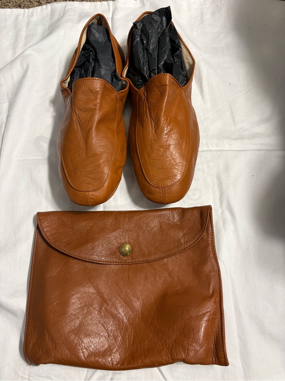 John Lobb Tan Leather Slip-On Loafers with Matching Pouch